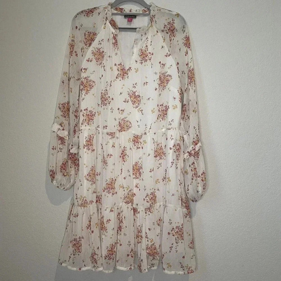 Vince Camuto Womens V-Neck Tiered Ruffle Dress Floral Balloon Sleeve Boho Large - Picture 2 of 9